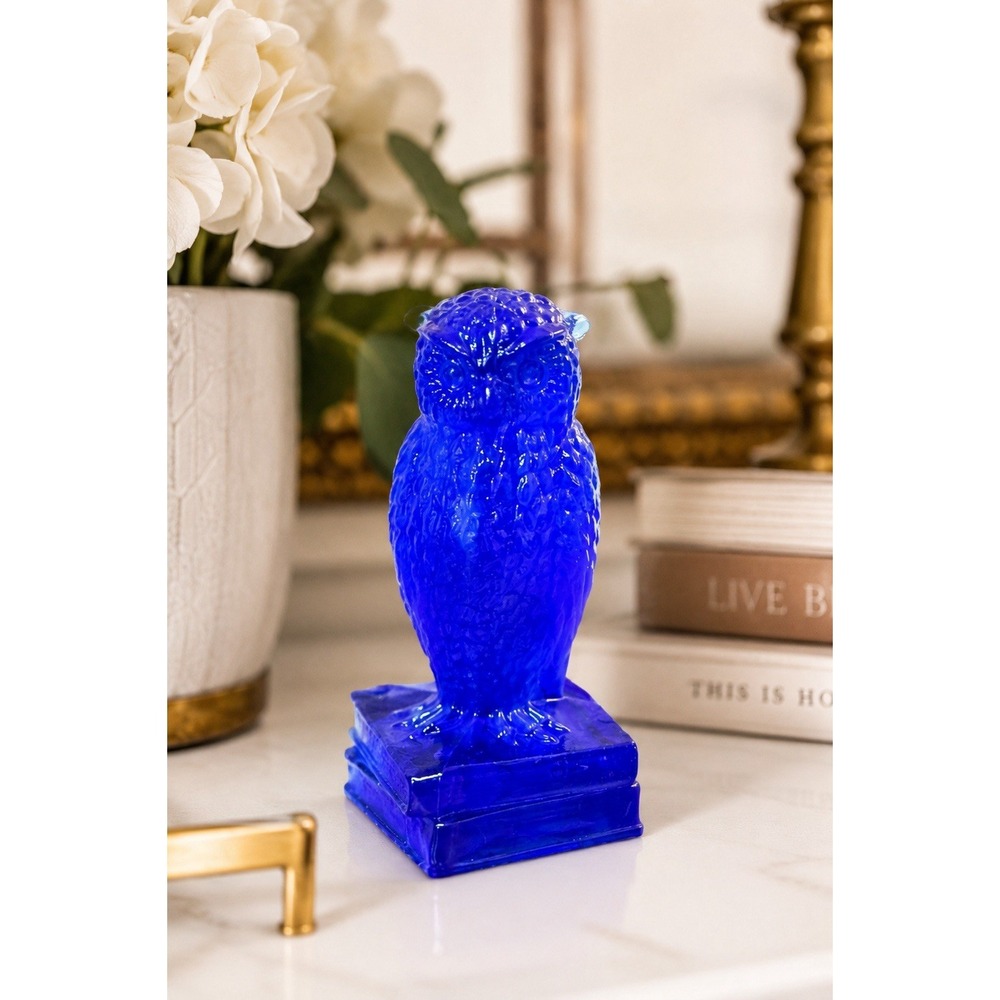Vtg Degenhart Wise Ole Owl Cobalt Blue Glass Figurine On Books 3.5" Paperweight